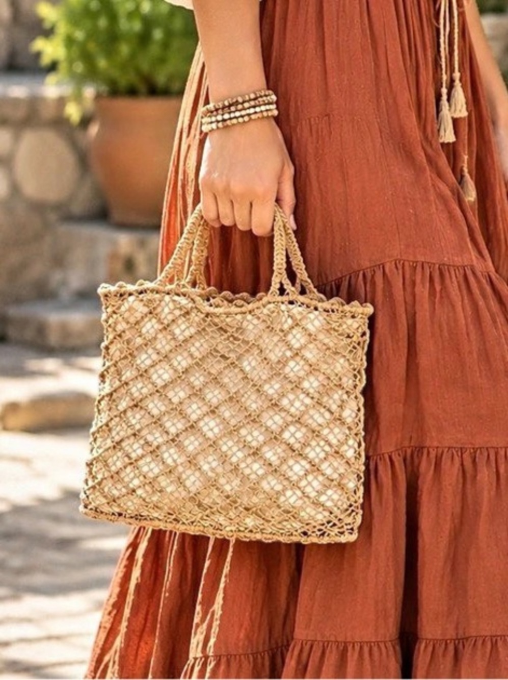Beige Crochet Tote Bag